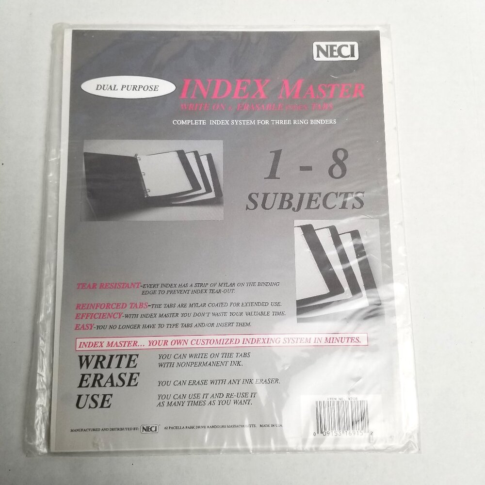 NECI Index Master 1-8 Subjects Dividers Sealed Vintage 90s Office Organization